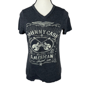Johnny Cash Genuine American Rebel Y2K T-Shirt Womens S Gray V-Neck Music Guitar
